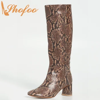

Python Print Knee Long Boots High Cylindrical Heels Round Toe Slip On Shoes Ladies Winter Fashion Mature Large Size 12 16 Shofoo