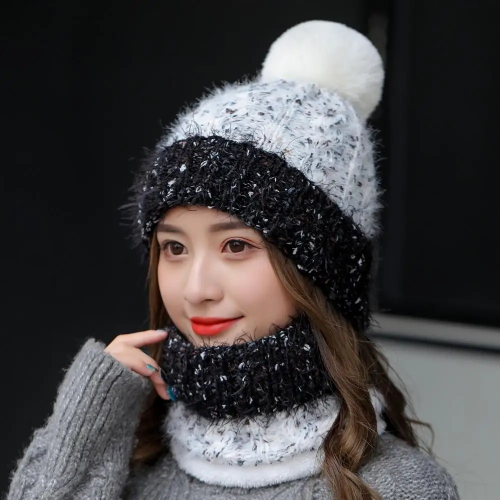 Теплая шапка бини для девочек, шарф-кольцо, помпоны, зимние шапки, вязаные шапки, шарф, 2 шт., модная зимняя шапка, шарф, набор для женщин
