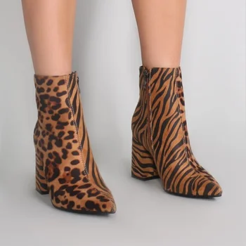 

US4-11 Women Pointed Toe Patent Leather Ankle Boots Leopard Match Colors Block High Heel Side Zipper Shoes Plus Size