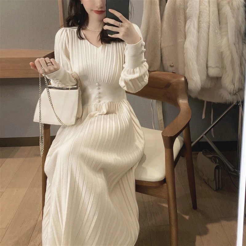 Knitted Dress Women Casual Long Sleeve Vintage Elegant Office Sweater Dress Female Winter One Piece Dress Korean Outerwear Dresses Aliexpress