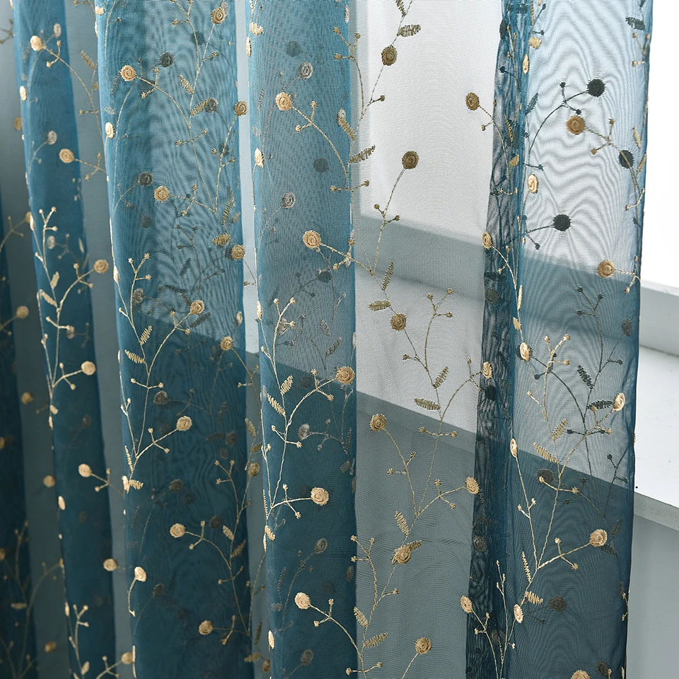 Luxury Blue Embroidered Tulle Curtains Sheer For Living Room Bedroom