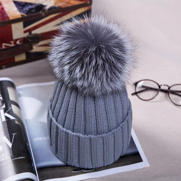 Winter Warm Female Fur Pom Poms hat Spring Hat For Women Girl 's Hat Knitted Beanies Cap Hat Thick Women Skullies Beanies - Цвет: 8