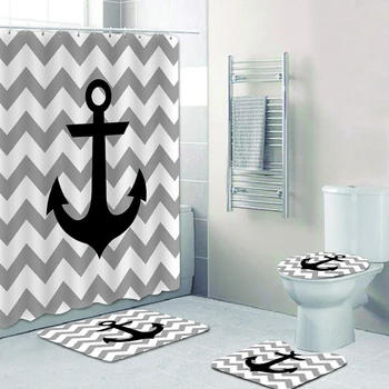 

4pcs Bathroom Shower Curtain Simple European Anchor Stripes Print