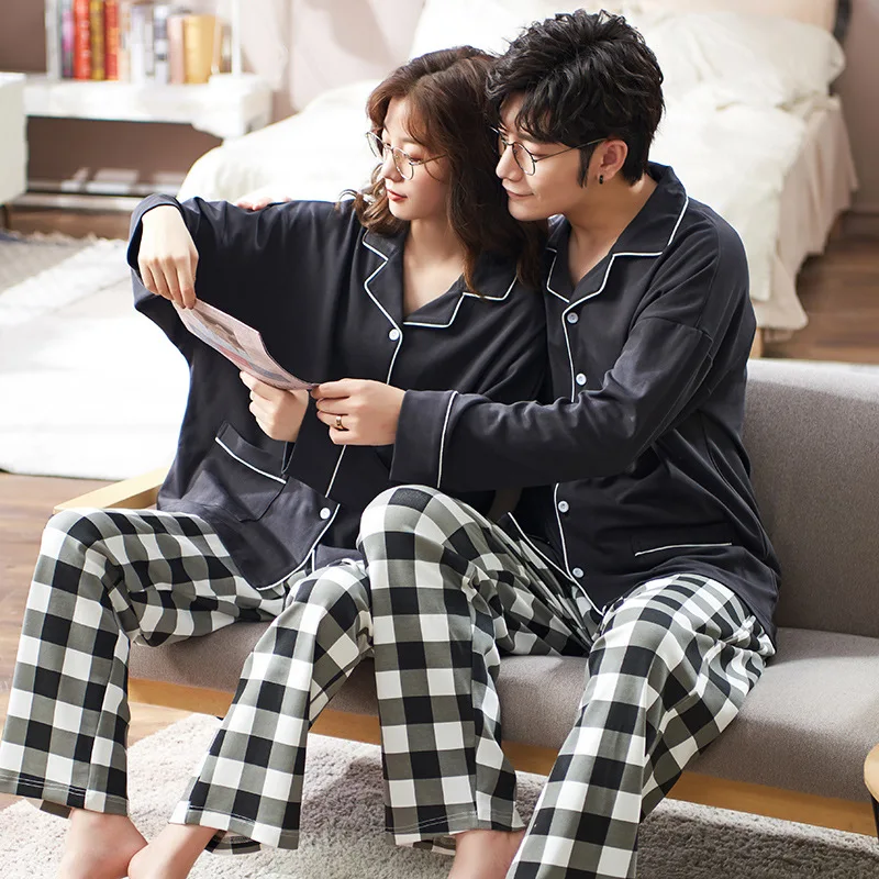 

2020 Spring and Autumn New Style Pure Cotton Pajamas Fold-down Collar Cardigan Fashion Generous Clothing Couples Set Manufacture