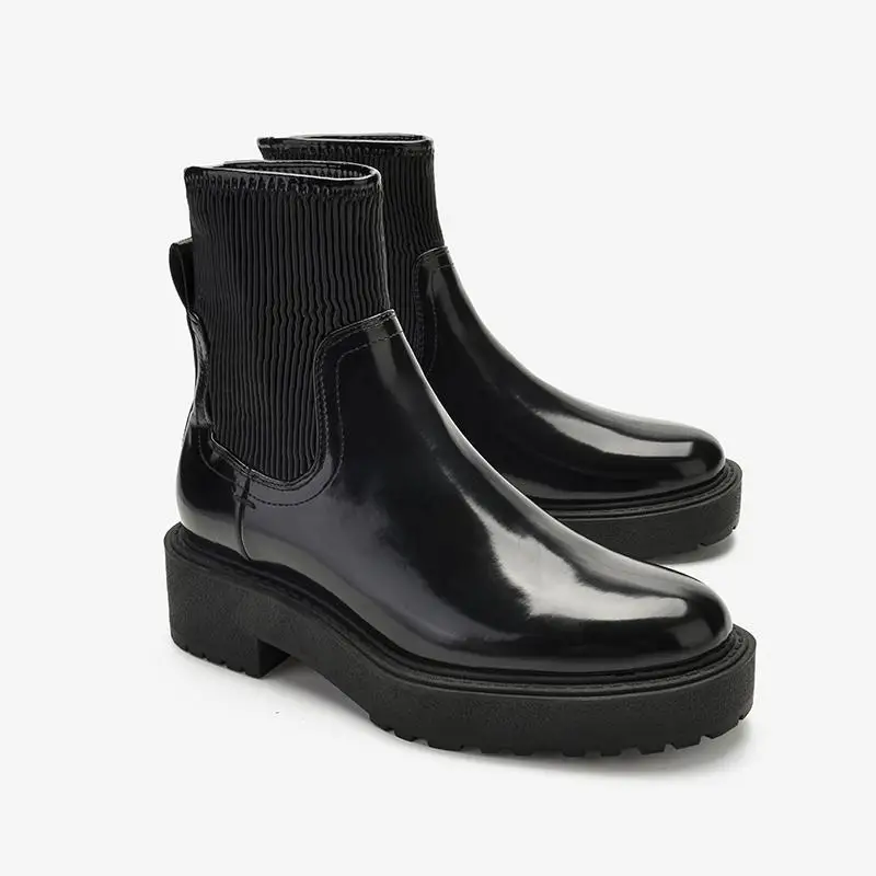 RASMEUP новые зимние сапоги из натуральной кожи теплые Женские ботинки Мартин Для женщин Эластичные Носки Ботинки на платформе повседневная женская обувь - Цвет: Black with fur