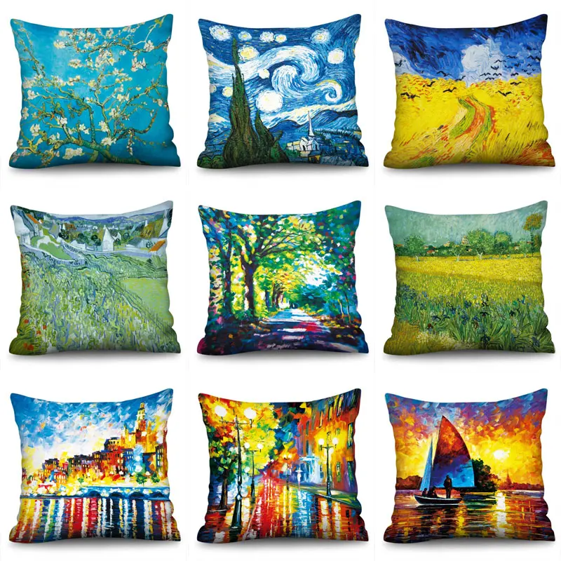 

Van Gogh's Oil Painting Cushion Cover Sofa Home Decorative Pillow Covers Sunflower Self-portrait Starry Sky Print Pillowcase