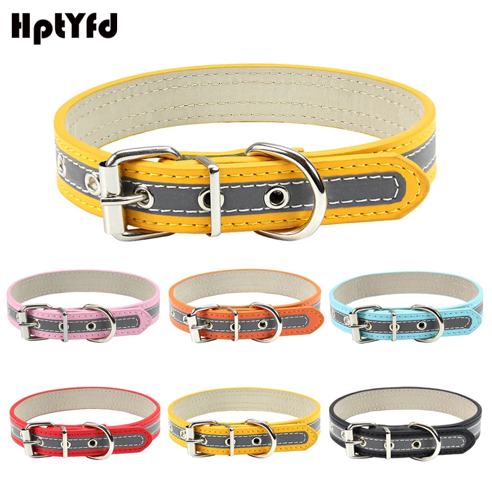 

HptYfd Reflective Dog Collar 6 Colors Adjustable PU Leather Pet Collar for Small Medium Large Dog Night Safety Walking