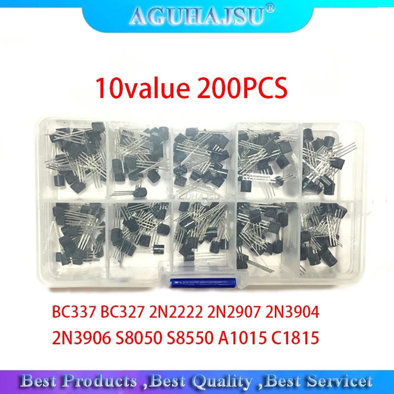 10value 200PCS BC337 BC327 2N2222 2N2907 2N3904 2N3906 S8050 S8550 A1015 C1815 Transistor Assortment Kit Transistors Box Pack |