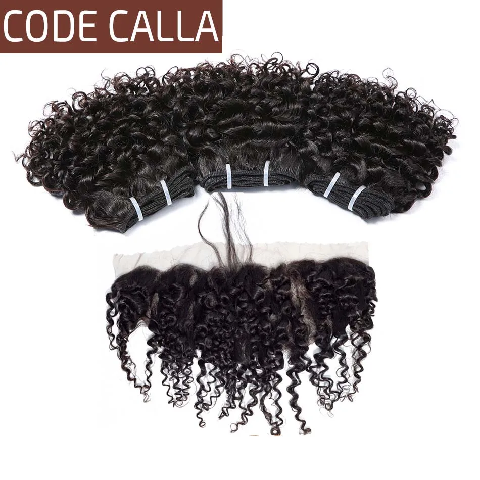 

Code Calla Kinky Curly Wave Bundles With 4*4 Lace Closure 13*4 Frontal Brazilian Remy Human Hair Extensions Natural Black Color