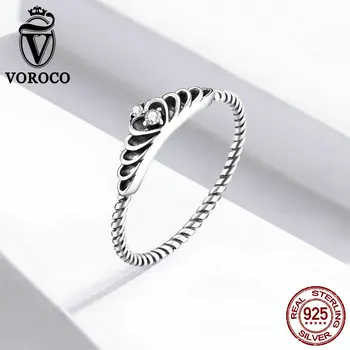 

VOROCO Fashion Real 925 Sterling Dazzling Crown Finger Ring Classic Stackable Silver Jewelry For Women Wedding Christmas Gift
