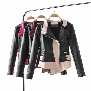 

2019 Autumn Women Short Coats Patchwork Motorcycle Pu Coat Outwear Windbreak Irregular Faux Leather Jacket