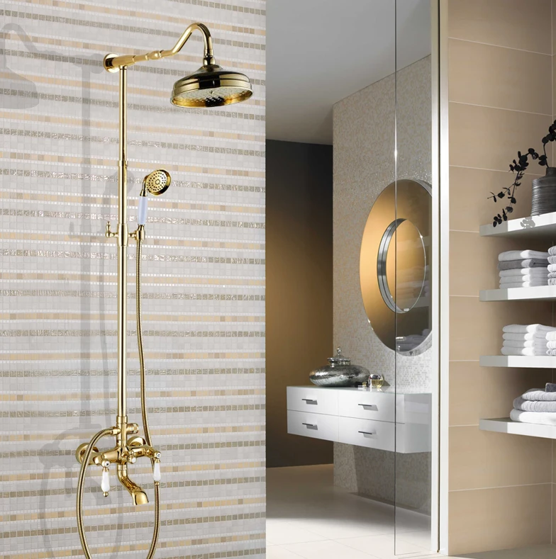 

Luxury Golden Bathroom Shower Mixer Taps Wall 8" Rainfall Bath Shower Faucet Set W/ Handshower Tub Spout zgf628
