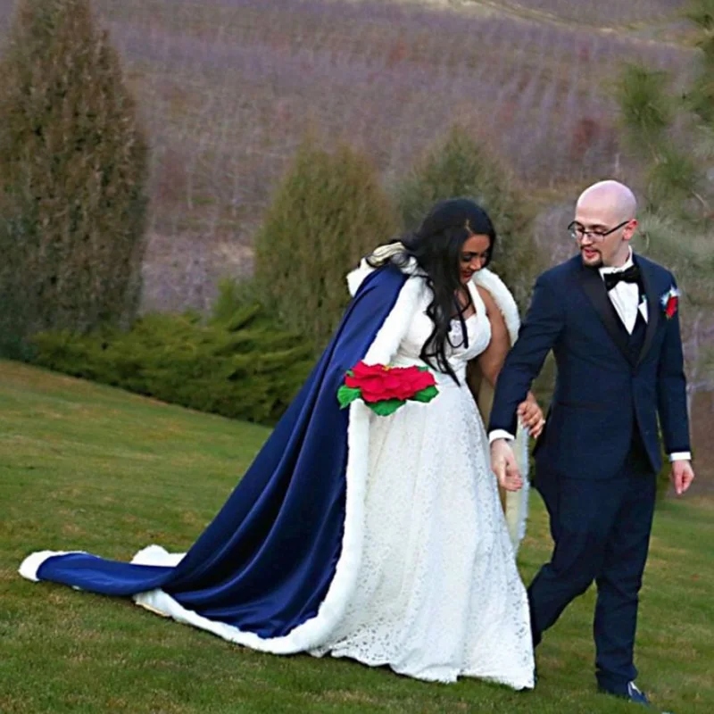 Royal blue Vintage Wedding Cloaks Hood Cloak Autumn Winter Satin Bridal Cape Long Coat Jackets Sweep Shrug Cover Wedding Shawl cloak - Цвет: Royal blue