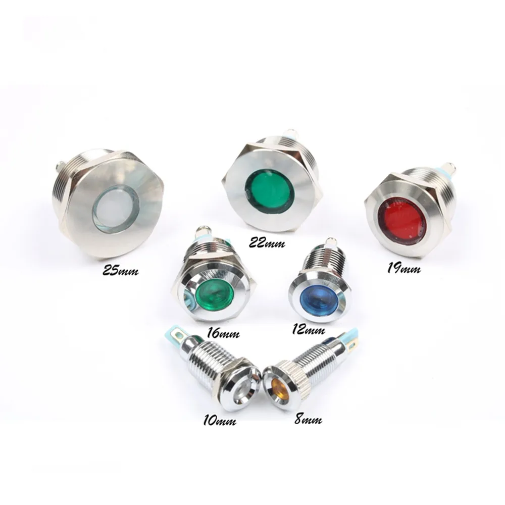 

LED Metal Indicator Light 6/8/10/12/16/19/22/25/30mm Power Supply Waterproof Signal Lamp DC AC Flat 6V12V24V220V