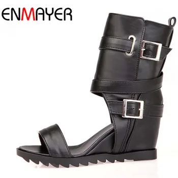 

Ankle Boots for Women New Big Size34-43 Open Toe Soft Leather New 2016 Wedges Fashion Summer Boots Black White Motorcycle Boots