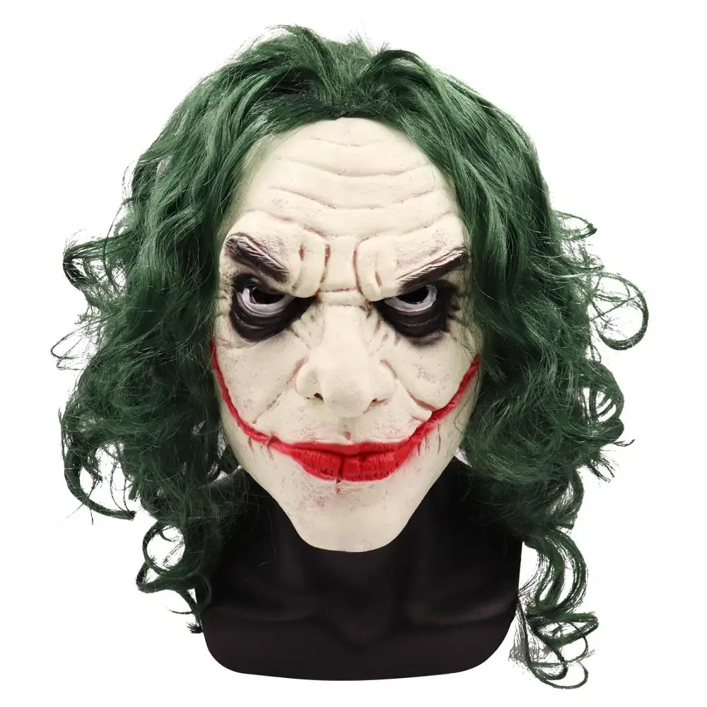 

Joker Mask Movie Batman The Dark Knight Horror Clown Cosplay Latex Masks With Green Hair Wig Scary Halloween Party Costume Props