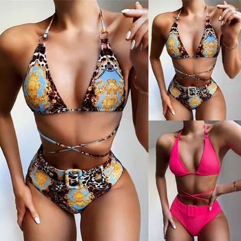 

KUKAKEY Vintage Floarl Print Swimsuit Female High waist Bikini Set Sexy String Swimwear Women Triangle Bikinis New Bathing suit