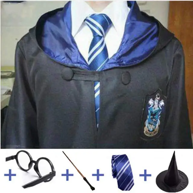 Robe Cape Cloak With Tie Scarf Wand Potter Glasses Ravenclaw Gryffindor Hufflepuff Slytherin Costume Adult Potter Cosplay - Цвет: Ravenclaw full Set