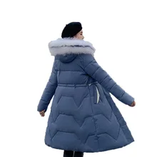 Женская Длинная Куртка теплое Женское пальто капюшон размера плюс пояс подтягивает талию выше колена меховой воротник зимняя пуховая хлопковая парка