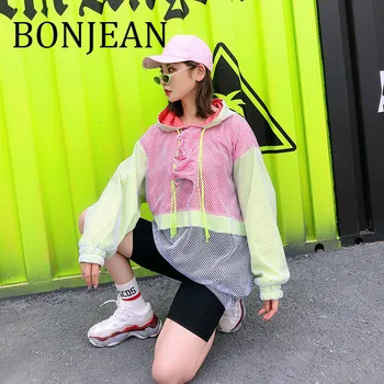

Mesh Patchwork Sweatshirts and Pullovers 2019 Summer Tops Hollow Out Sweatshirt for Women Loose Hooded Sweatshirt BJ1127