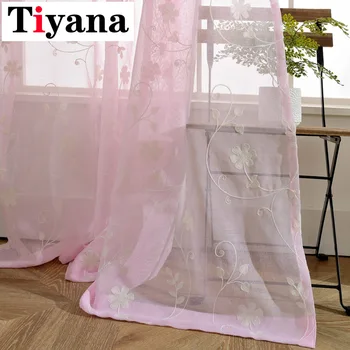 

Pink Flower Sheer Tulle Living Room Curtains Embroidered Curtain for Bedroom Kitchen Window Treatment Home Decor P001Z