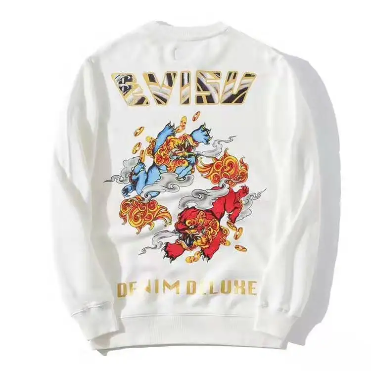 Аутентичный осенне-зимний мужской Повседневный свитер Evisu теплый дышащий Модный хлопковый принт с единорогом для влюбленных с длинными рукавами - Цвет: Белый