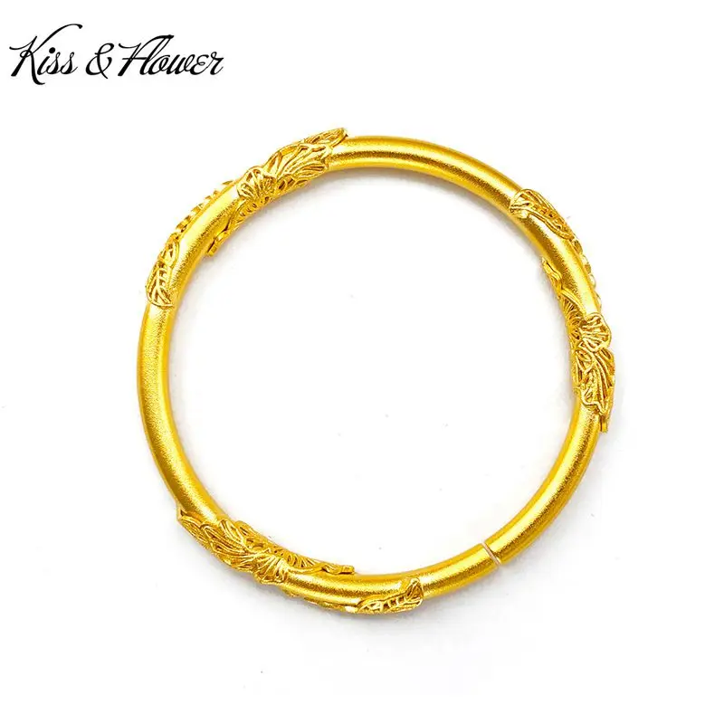

KISS&FLOWER BR24 2022 Fine Jewelry Wholesale Hot Fashion Woman Girl Birthday Wedding Gift Leaves Round 24KT Gold Bracelet Bangle