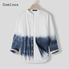 

Samlona 2021 Single Breasted Top Men Patchwork Blouse Autumn Long Sleeve Casual Linen Shirt blusas Homme Ropa Sexy Mens Clothing