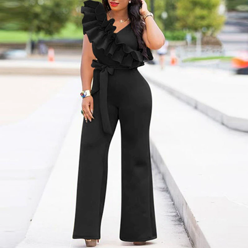 

3D Ruffles Design Party Sexy Jumpsuit Women Elegant Evening Overalls Black Yellow African Jumpsuits Sleeveless Fashion Ladies