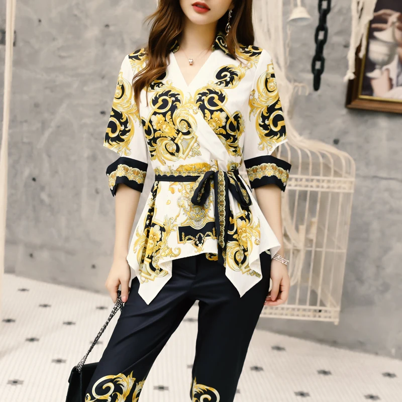 

High-end custom v-neck shirt - the new women's Europe and the United States of big shop sign of tall waist temperament two-piece