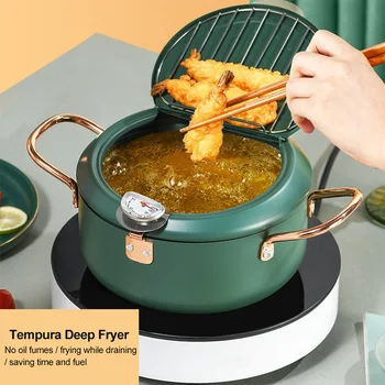 

Home With Thermometer Double Handle For Induction Cooker Carbon Steel Easy Clean Non Stick Lid Tempura Deep Fryer Kitchen