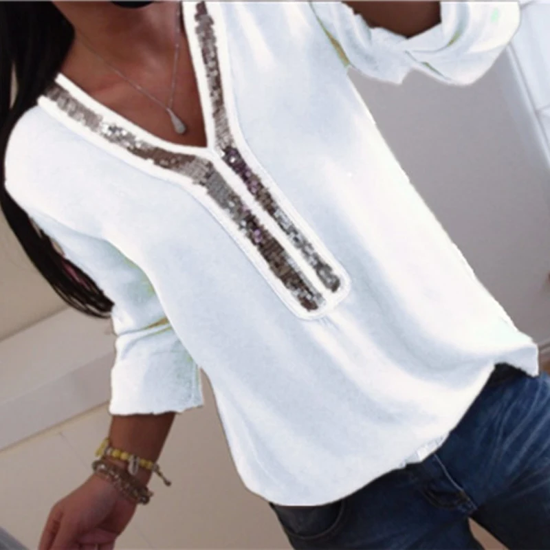 

Women Sexy V-neck Sequins Chiffon Blouse Shirt Spring Summer Elegant Office Lady Blouses Tops Plus Size S-5XL blusa feminina