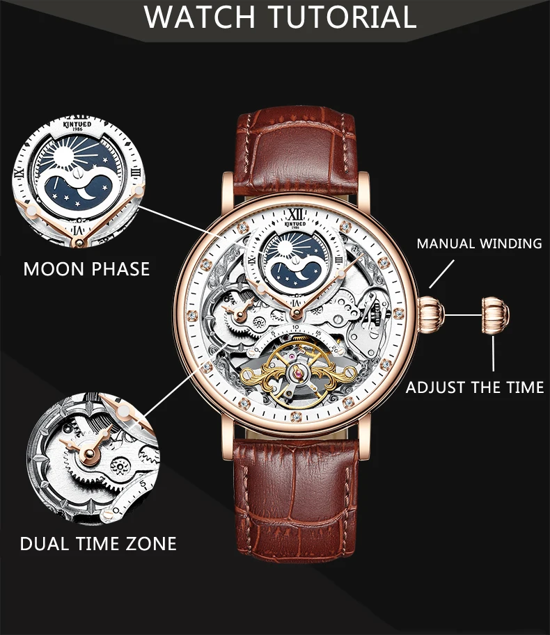 KINYUED, водонепроницаемые мужские Tourbillon часы с скелетом, лучший бренд, роскошные прозрачные механические часы с фазой Луны, спортивные мужские наручные часы