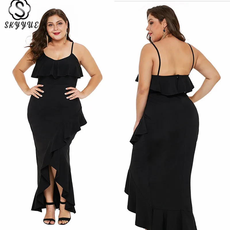 

Skyyue Evening Dress Sling Ruffles Plus Size Women Party Dresses Solid Robe De Soiree Sexy Backless Evening Gowns 2019 T037