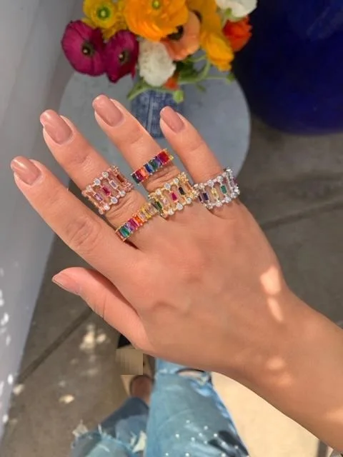 Разноцветное кольцо багет T обручальное Золотое Радужное красочное каменное для