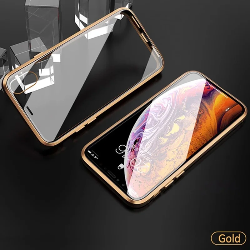 VZD металлический чехол с магнитной адсорбцией для iphone x, xr, xs, max6 Plus, задняя крышка из закаленного стекла на магните для iphone 7, 8 plus - Цвет: Gold magnetic shell