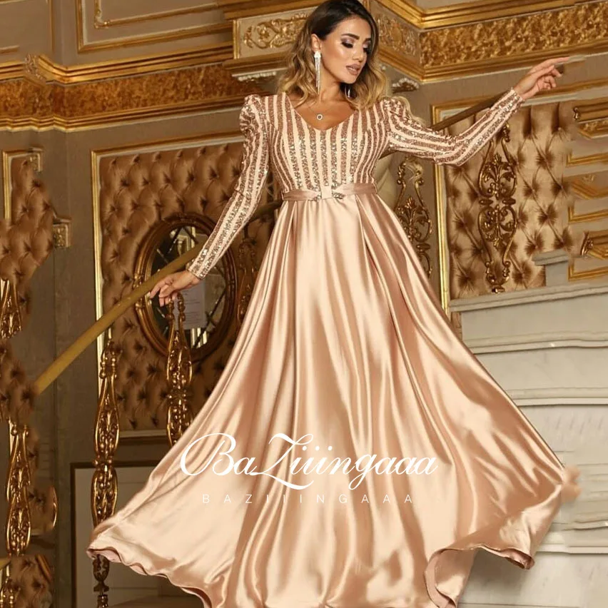 BAZIIINGAAA Luxury Evening Dresses V-Neck Long Sleeves A-shaped Floor-Length Chiffion 2022 New for Lace Classic Prom Dress Women