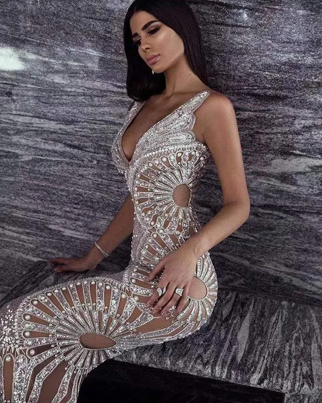 Women Luxury Sexy V Neck Mesh Sequins Studded Maxi