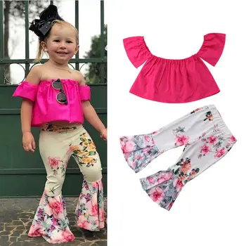 

Baby Girls Kids Off-shoulder Short Sleeve T Shirt Tops+Floral Printed Flare Pants Summer Outfit Clothes Set