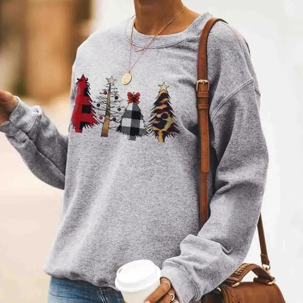 Женская толстовка с принтом рождественской елки, пуловер с круглым вырезом, женский джемпер с длинным рукавом, зимние свободные хлопковые топы для женщин