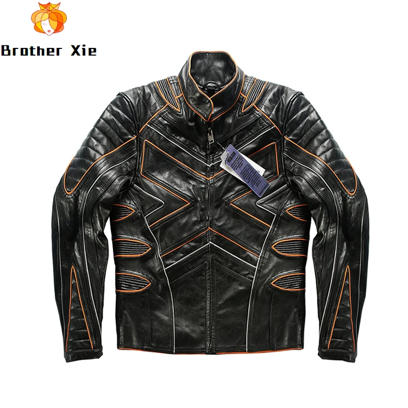 

2020 New Cowhide Motor Biker Jacket Genuine Leather Jacket Black Reflective Slim fit Real Cow Leather Jacket for Male Plus Size