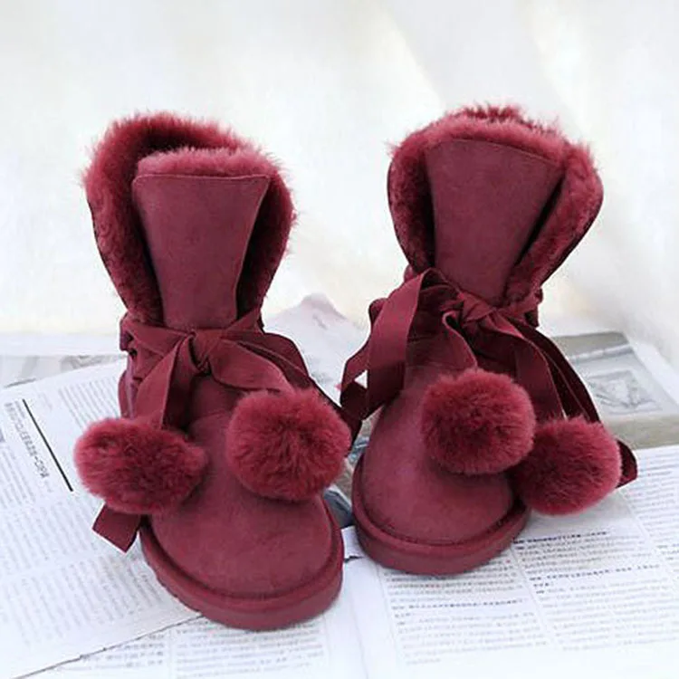 New Top Quality Fashion Women Snow Boots Natural Fur Warm Women Boots Genuine Sheepskin Leather Lace Up Winter Boots Shoes - Цвет: Wine Red