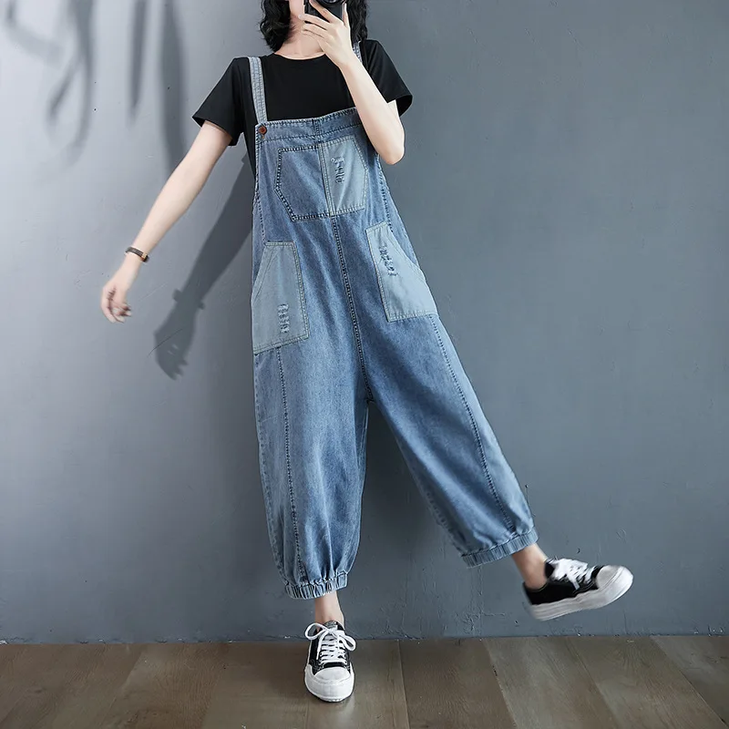 Korean Style Plus Size Overall Jeans Women 2020 New Spring Autumn Strap Pocket Denim Wide Leg Pants Casual Jeans Jumpsuit
