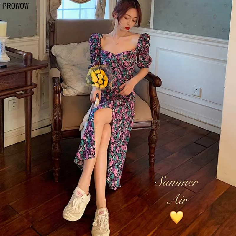 2020 Summer French Romance Retro Dresses Women Casual Floral Print Square Collar Dresses Ruffles Puff Sleeve Midi Dresses Lady