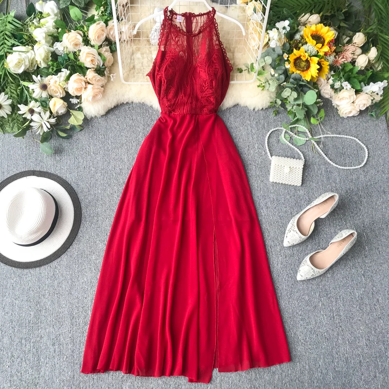 2020 Sexy Halter Neck Lace Patchwork Maxi Long Dress Elegant Summer Party Women Tank Sundress Sexy Split Casual Evening Vestidos
