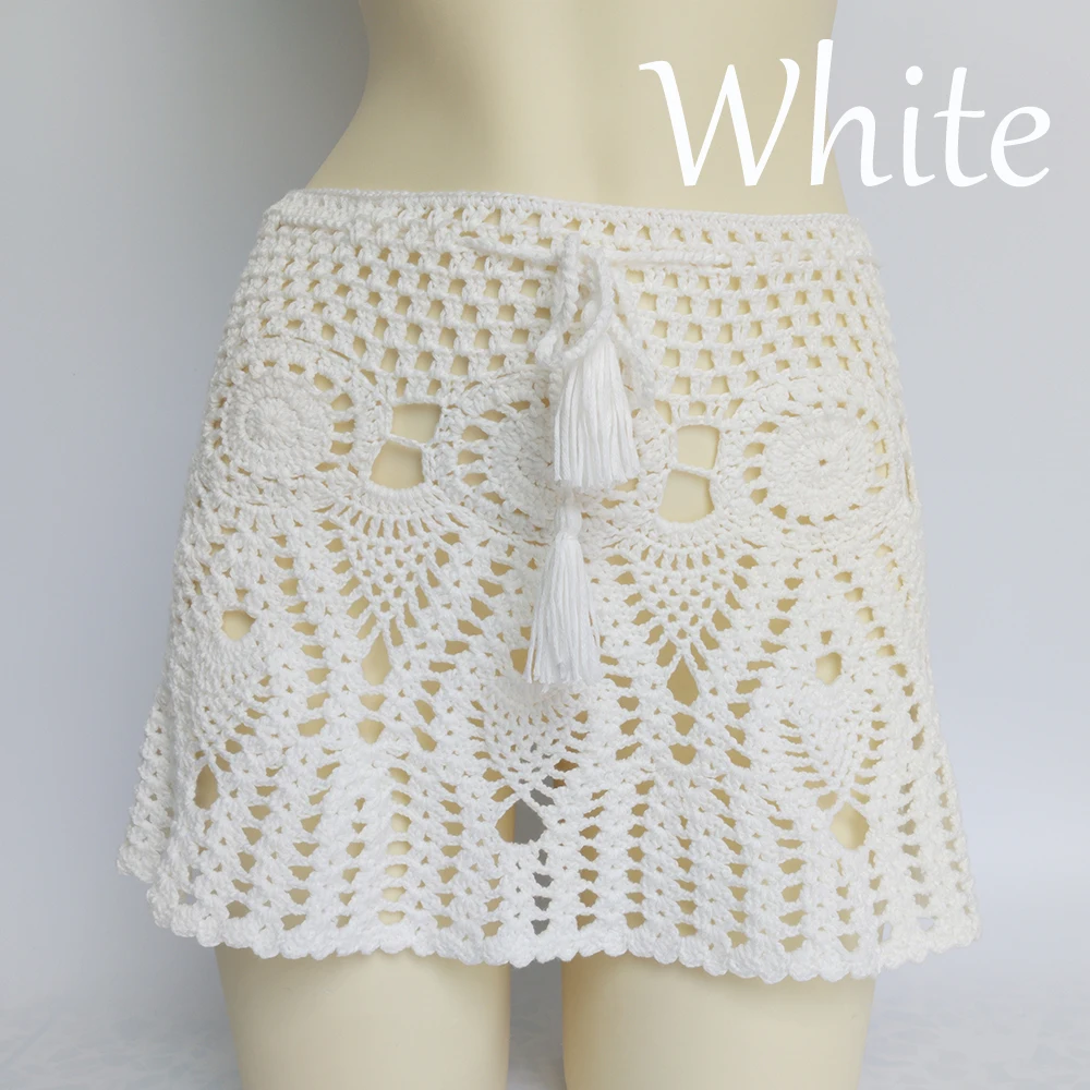 white skirt Яркие цвета, ручная работа, Хлопковые вязаные крючком Мини юбки, женские летние пляжные юбки с высокой талией, белые плавки - Цвет: white skirt