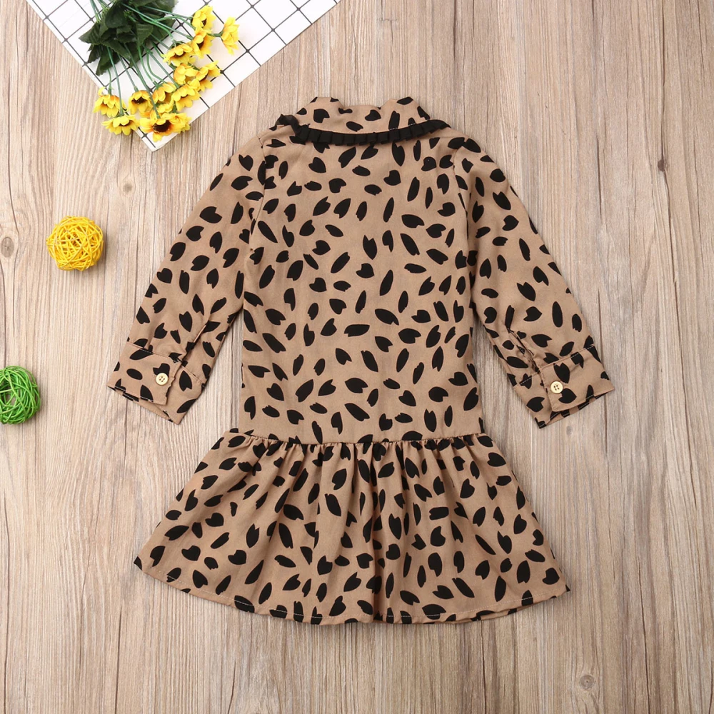 Леопардовое платье-рубашка с кружевным воротником одежда с леопардовым принтом для маленьких девочек праздничное кружевное платье-пачка с длинными рукавами