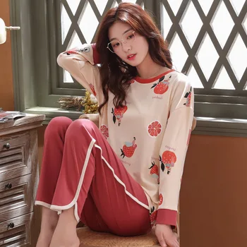 

Women Pajamas Sets Female 100% Cotton Clothes Cartoon Printed Long Sleeve White Tops and Long Pants Two Pcs Suit Home Clothes