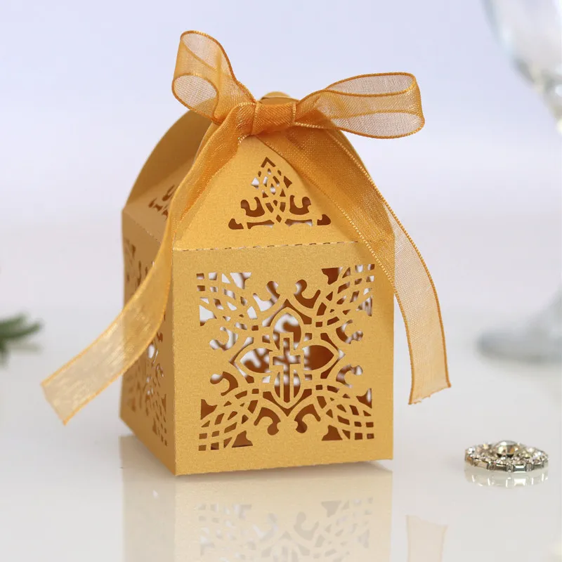 50PCS Crossing Candy Dragee Box Angel Gift Box Baby Shower Baptism Birthday First Communion Christening Chocolate Wrapping Paper - Color: NEW gold Crossing