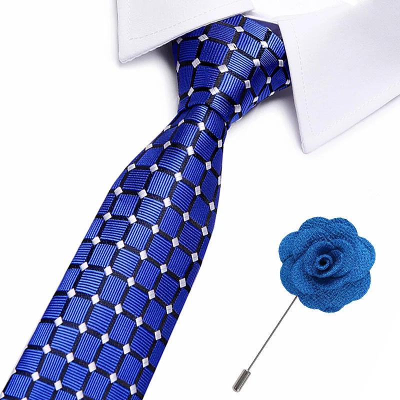 

New Male 100% Silk Men's Ties Plaid Striped Neck Ties 7.5cm Ties with flower pin for Men Formal Business Wedding Party Neckties